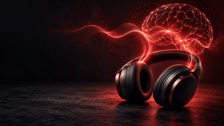 Matte black over-ear headphones with a glowing red neural soundwave on a dark background